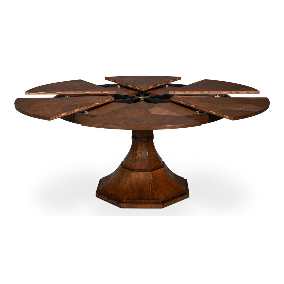 Transitional Round Jupe Dining Table, Medium – Warm Brown Oak with Faceted Pedestal Base - additional view