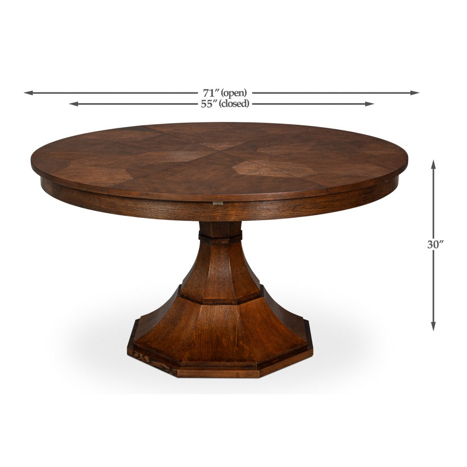 Transitional Round Jupe Dining Table, Medium – Warm Brown Oak with Faceted Pedestal Base - dimension drawing