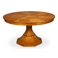 Transitional Round Jupe Dining Table, Medium – light Brown Oak with Faceted Pedestal Base – styled view