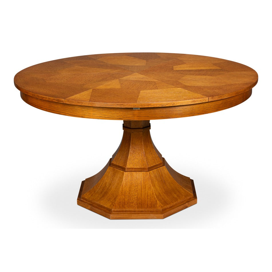 Transitional Round Jupe Dining Table, Medium – light Brown Oak with Faceted Pedestal Base – styled view
