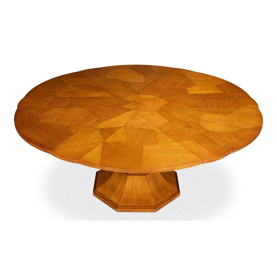 Transitional Round Jupe Dining Table, Medium – Light Brown Oak with Faceted Pedestal Base - additional view