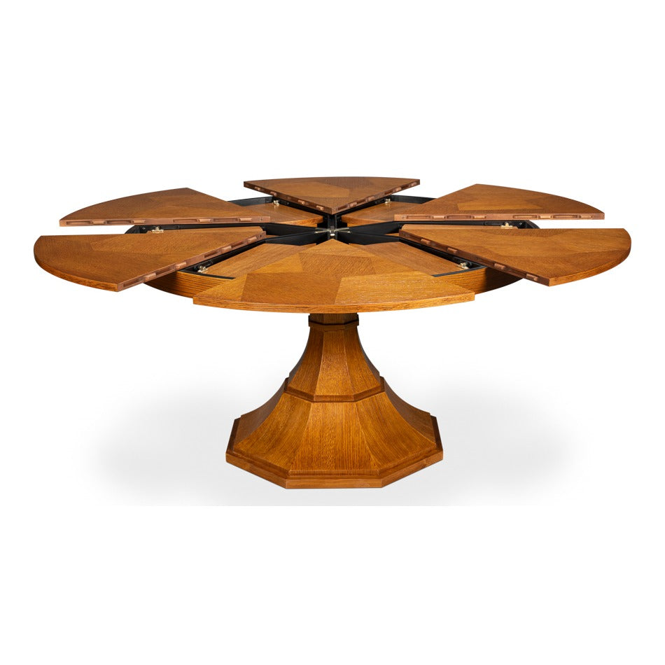 Transitional Round Jupe Dining Table, Medium – Light Brown Oak with Faceted Pedestal Base - additional view