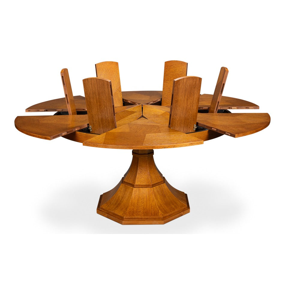 Transitional Round Jupe Dining Table, Medium – Light Brown Oak with Faceted Pedestal Base - additional view