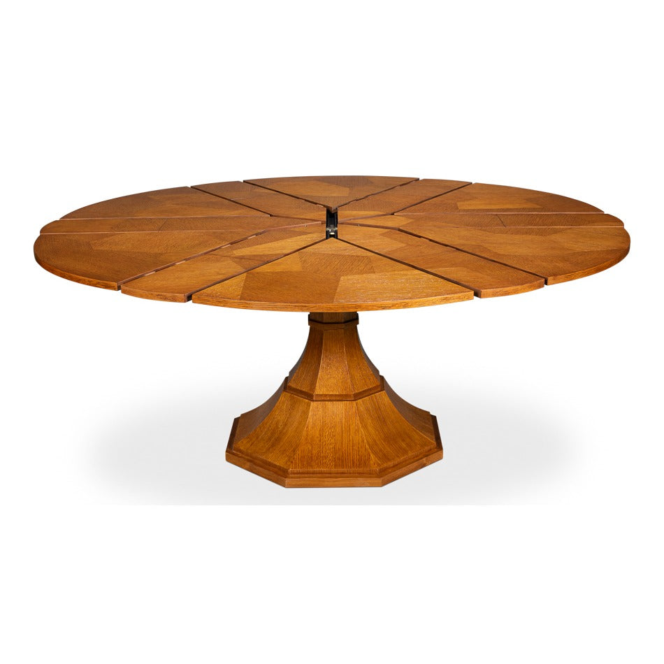Transitional Round Jupe Dining Table, Medium – Light Brown Oak with Faceted Pedestal Base - additional view