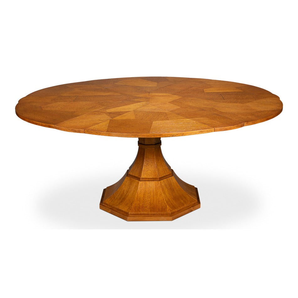 Transitional Round Jupe Dining Table, Medium – Light Brown Oak with Faceted Pedestal Base - additional view