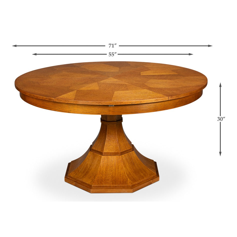 Transitional Round Jupe Dining Table, Medium – Light Brown Oak with Faceted Pedestal Base - dimension drawing