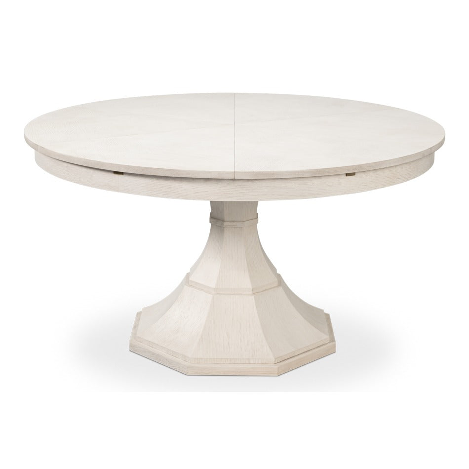 Transitional Round Jupe Dining Table, Medium – White Oak with Faceted Pedestal Base – styled view