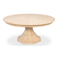 Transitional Round Jupe Dining Table, Large – Bleached Oak with Faceted Pedestal – styled view