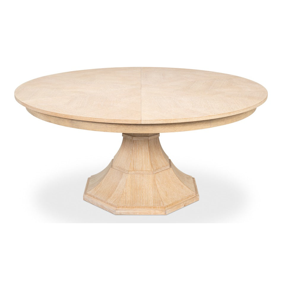 Transitional Round Jupe Dining Table, Large – Bleached Oak with Faceted Pedestal – styled view