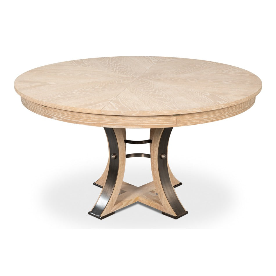 Transitional Round Jupe Dining Table, Medium – Bleached Oak with Hammered Iron Accents – styled view