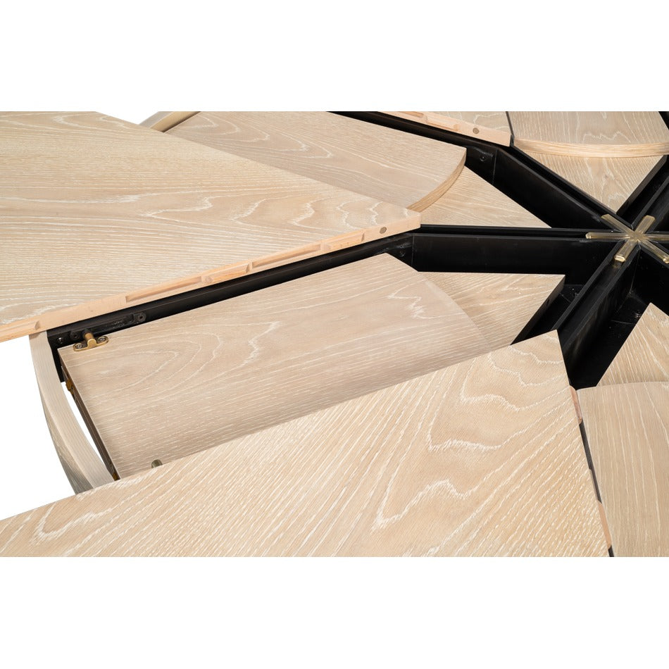 Transitional Round Jupe Dining Table, Medium – Bleached Oak with Hammered Iron Accents - additional view