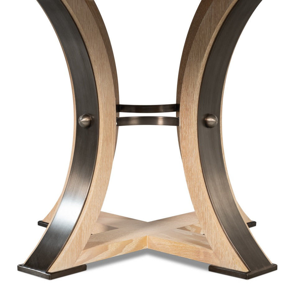Transitional Round Jupe Dining Table, Medium – Bleached Oak with Hammered Iron Accents - additional view
