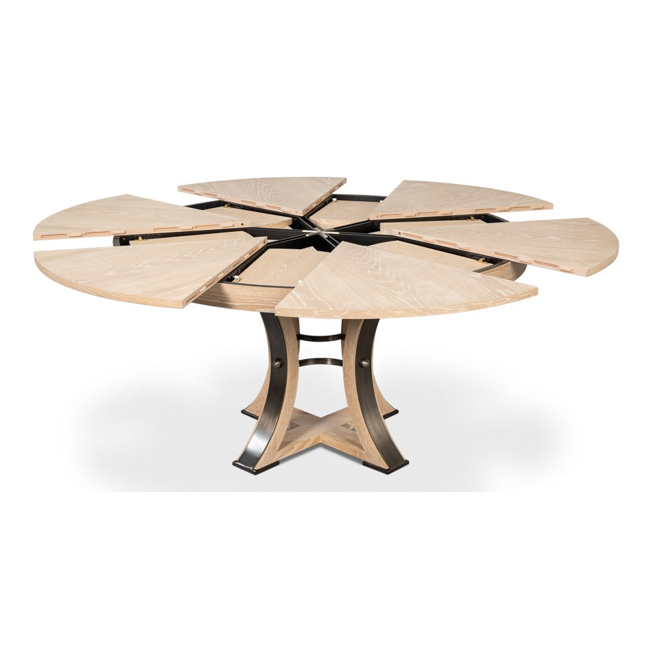 Transitional Round Jupe Dining Table, Medium – Bleached Oak with Hammered Iron Accents - additional view
