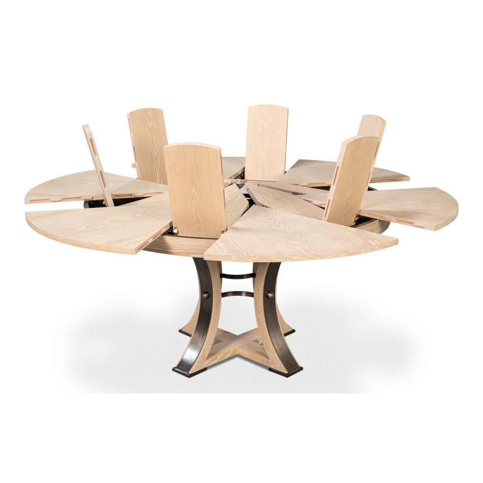 Transitional Round Jupe Dining Table, Medium – Bleached Oak with Hammered Iron Accents - additional view