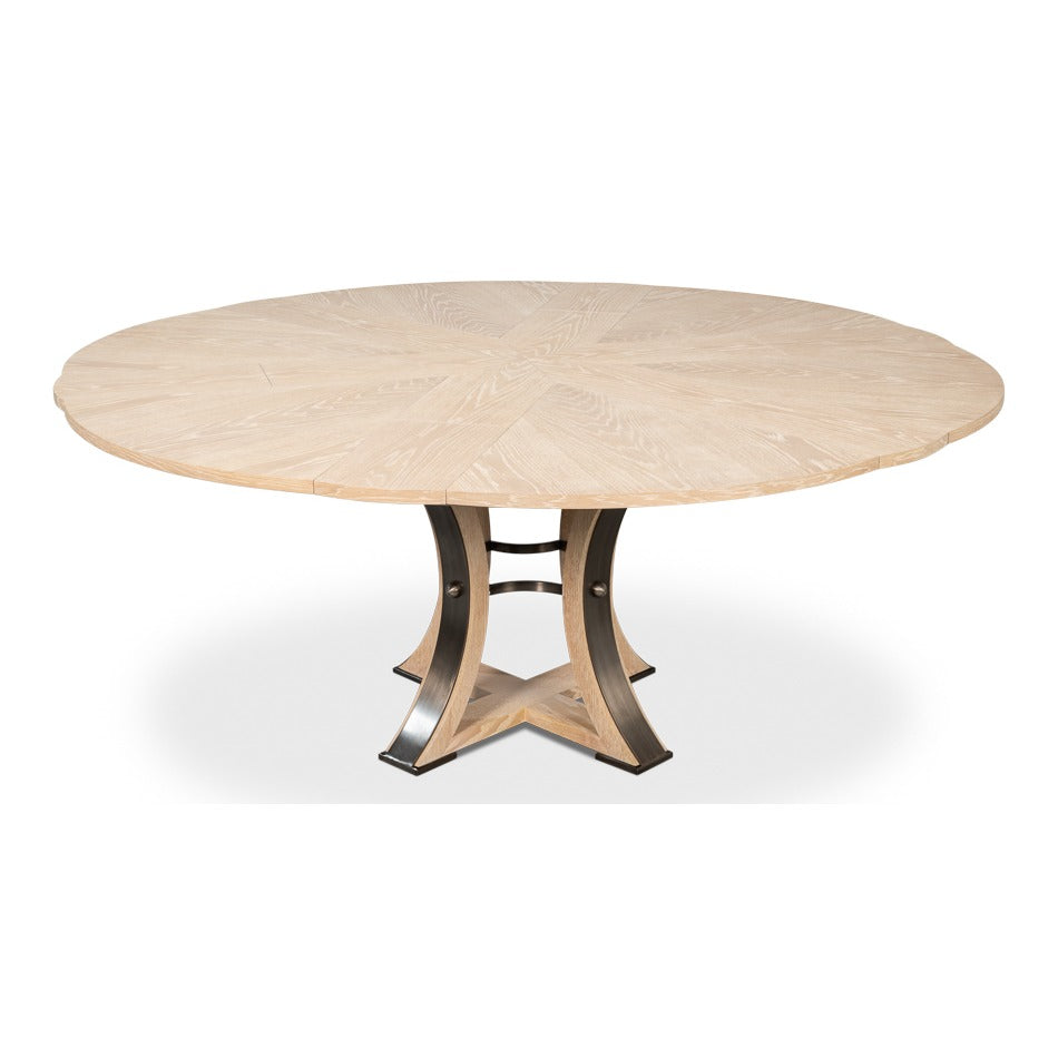 Transitional Round Jupe Dining Table, Medium – Bleached Oak with Hammered Iron Accents - additional view