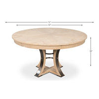 Transitional Round Jupe Dining Table, Medium – Bleached Oak with Hammered Iron Accents - dimension drawing