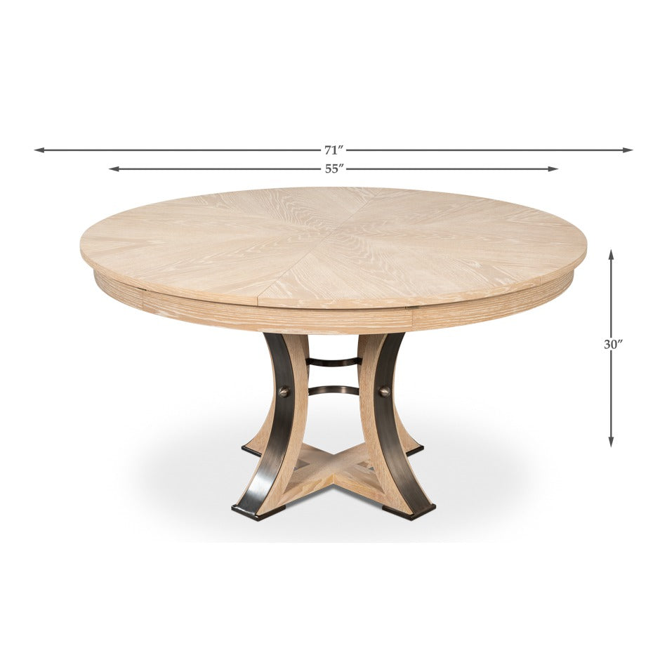 Transitional Round Jupe Dining Table, Medium – Bleached Oak with Hammered Iron Accents - dimension drawing