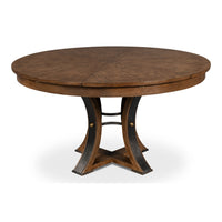 Transitional Round Jupe Dining Table, Medium – Light Brown Oak with Hammered Iron Accents – styled view