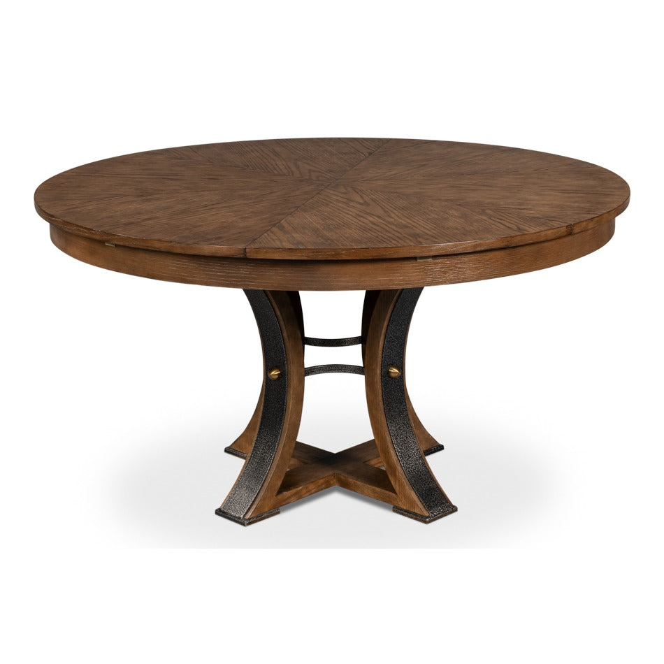 Transitional Round Jupe Dining Table, Medium – Light Brown Oak with Hammered Iron Accents – styled view