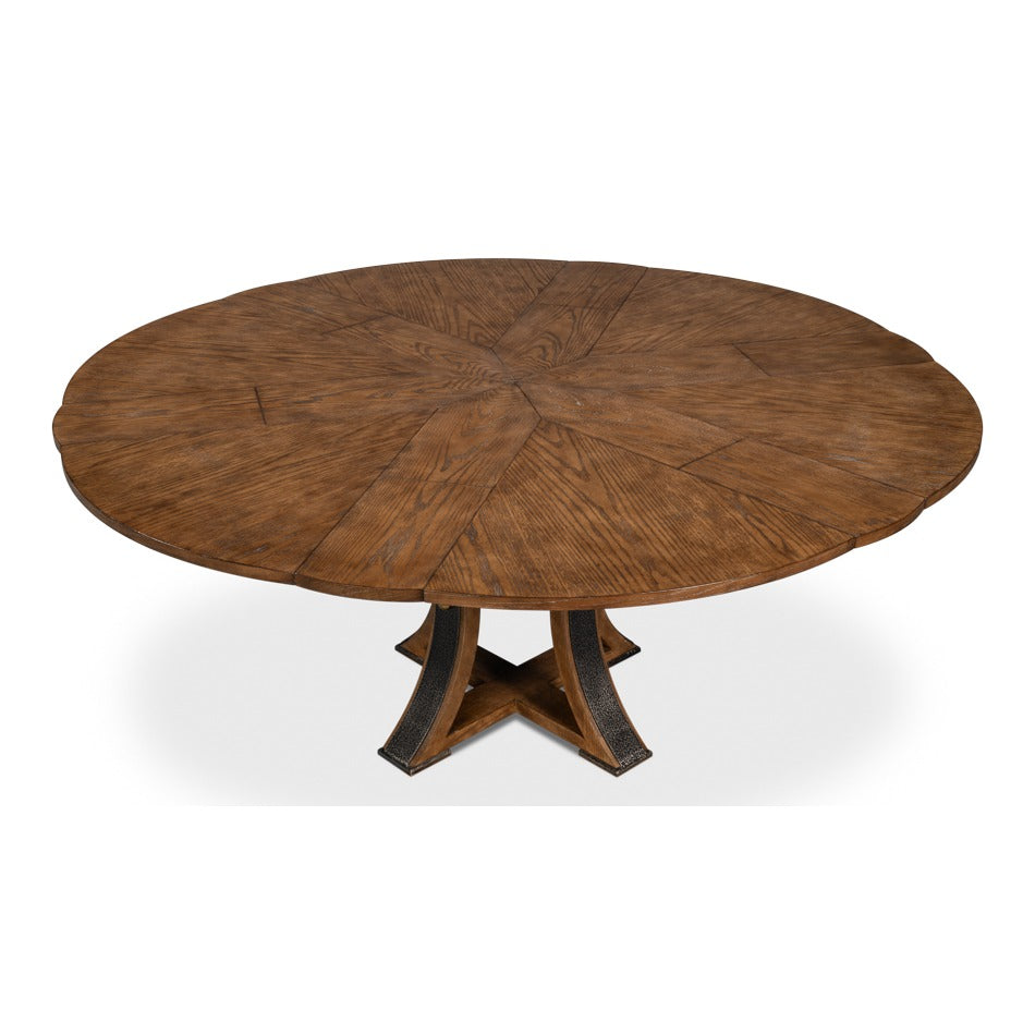 Transitional Round Jupe Dining Table, Medium – Light Brown Oak with Hammered Iron Accents - additional view