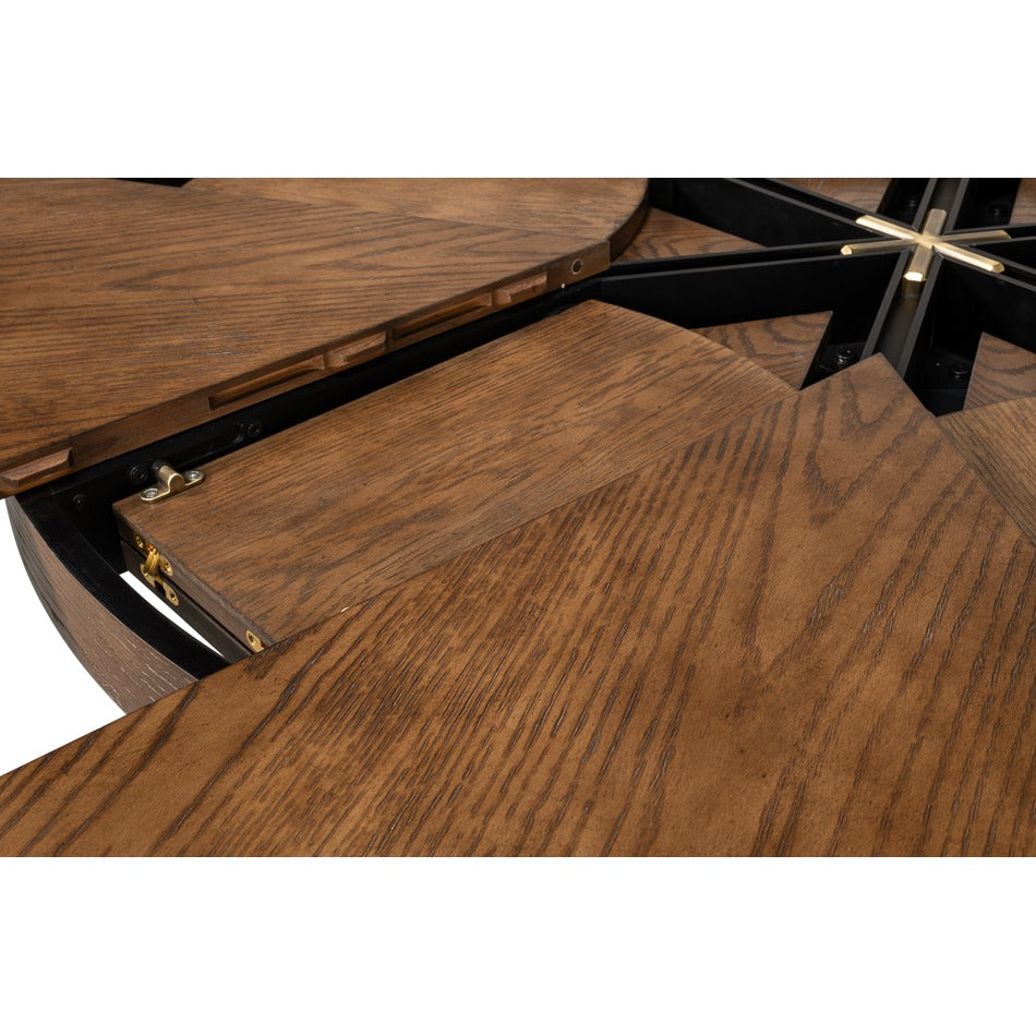 Transitional Round Jupe Dining Table, Medium – Light Brown Oak with Hammered Iron Accents - additional view