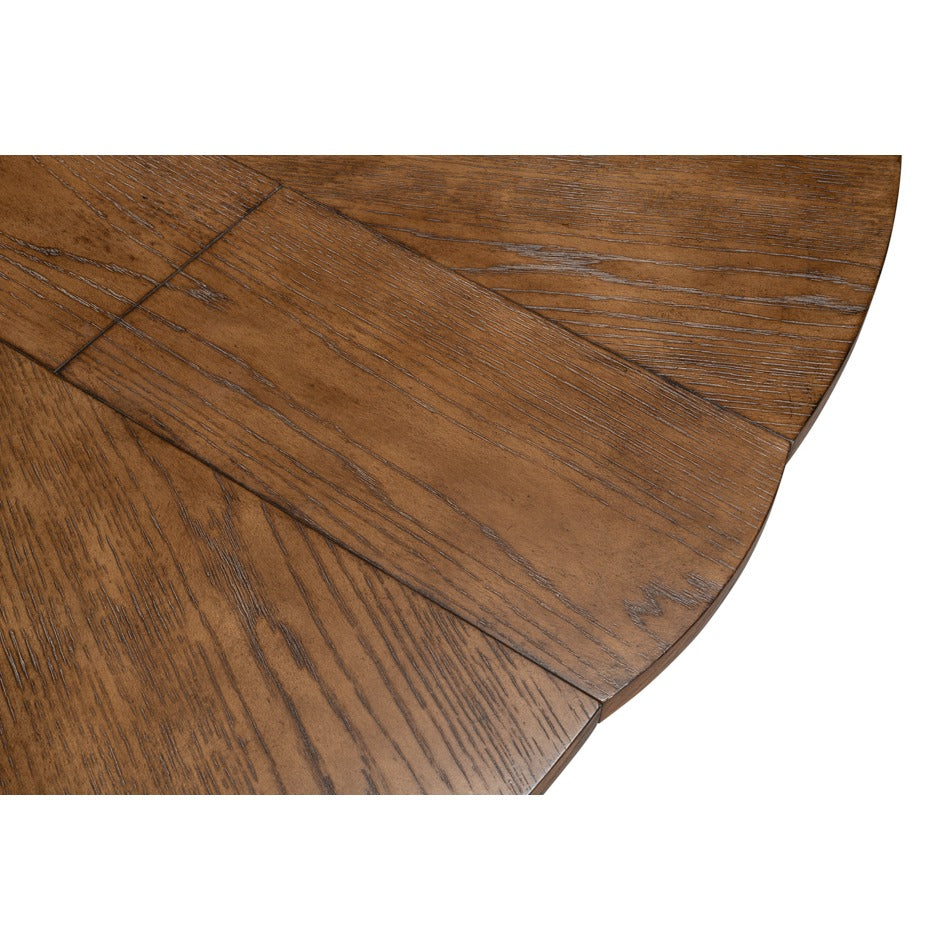 Transitional Round Jupe Dining Table, Medium – Light Brown Oak with Hammered Iron Accents - additional view