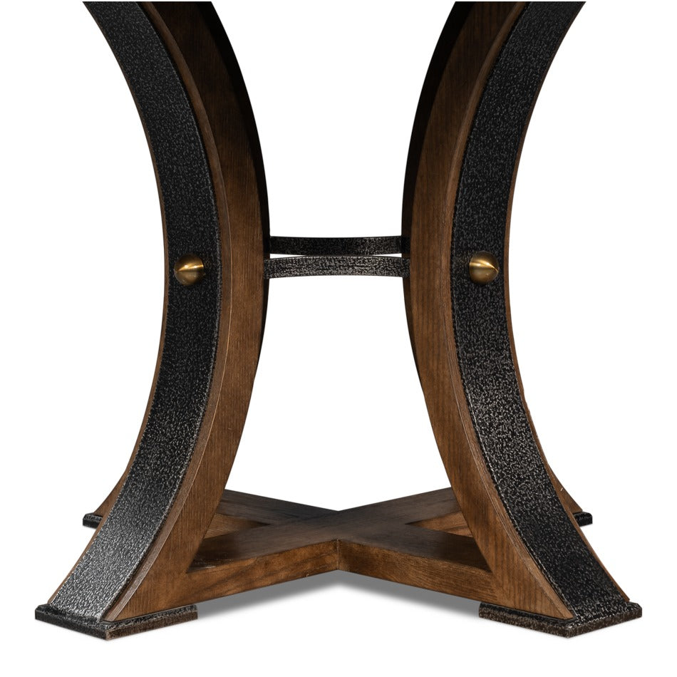 Transitional Round Jupe Dining Table, Medium – Light Brown Oak with Hammered Iron Accents - additional view