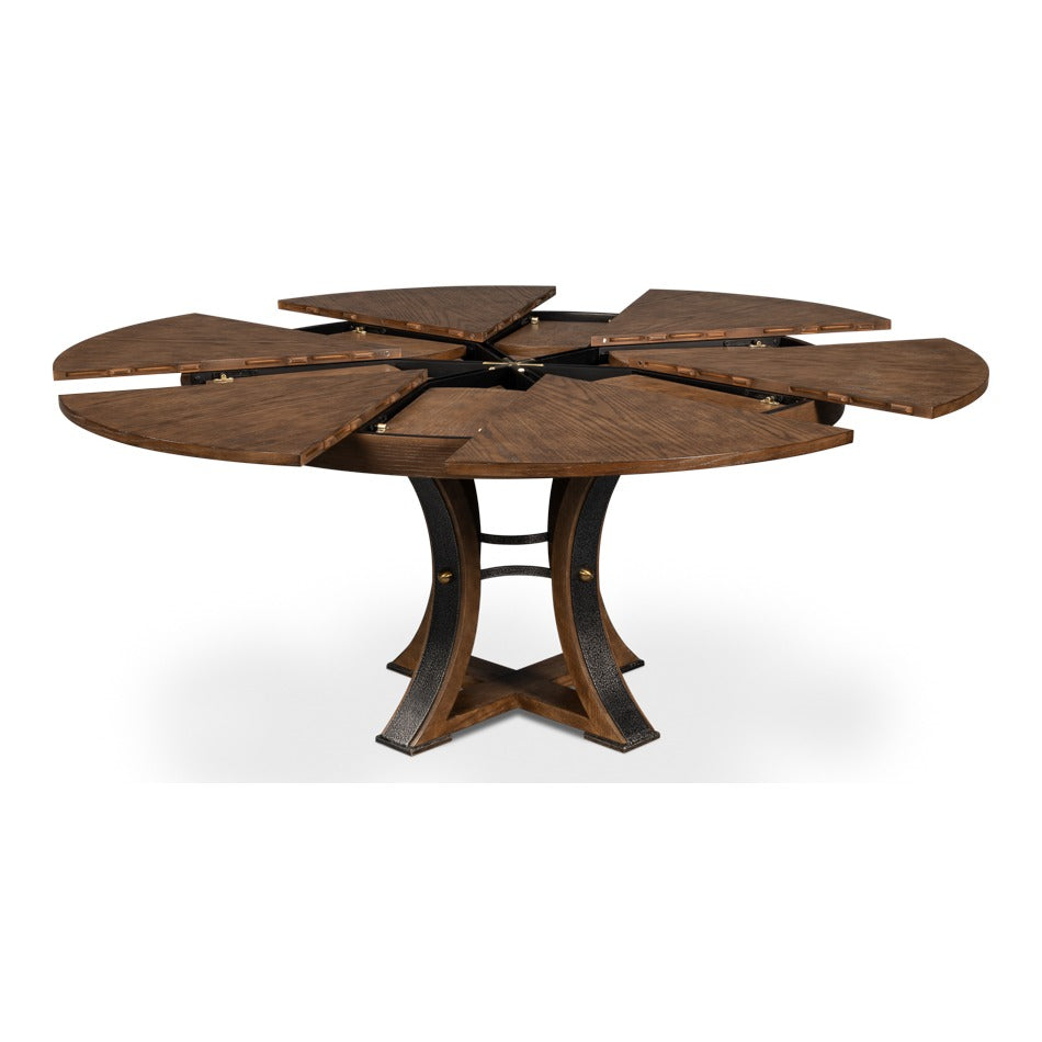 Transitional Round Jupe Dining Table, Medium – Light Brown Oak with Hammered Iron Accents - additional view
