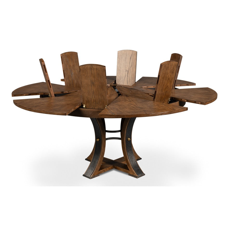 Transitional Round Jupe Dining Table, Medium – Light Brown Oak with Hammered Iron Accents - additional view