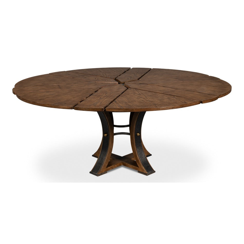 Transitional Round Jupe Dining Table, Medium – Light Brown Oak with Hammered Iron Accents - additional view