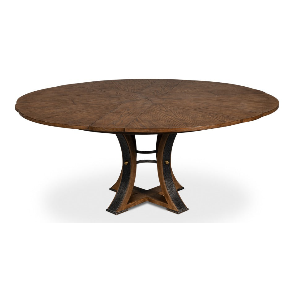 Transitional Round Jupe Dining Table, Medium – Light Brown Oak with Hammered Iron Accents - additional view