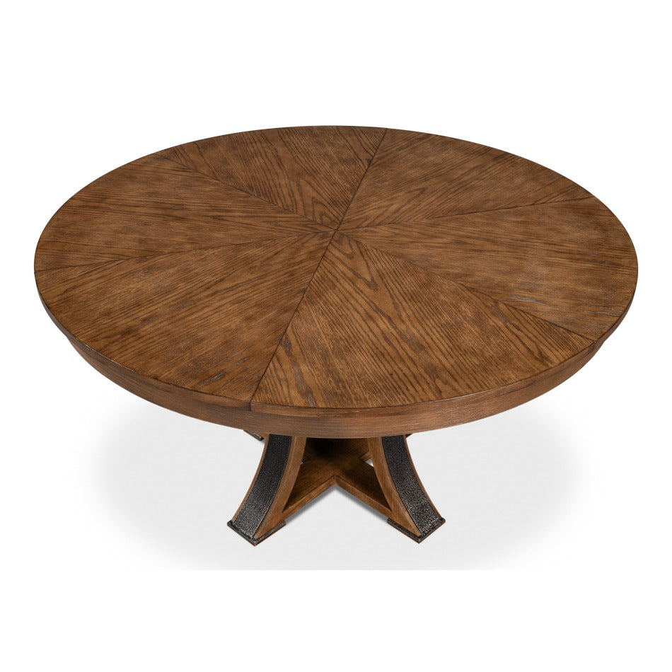 Transitional Round Jupe Dining Table, Medium – Light Brown Oak with Hammered Iron Accents - additional view