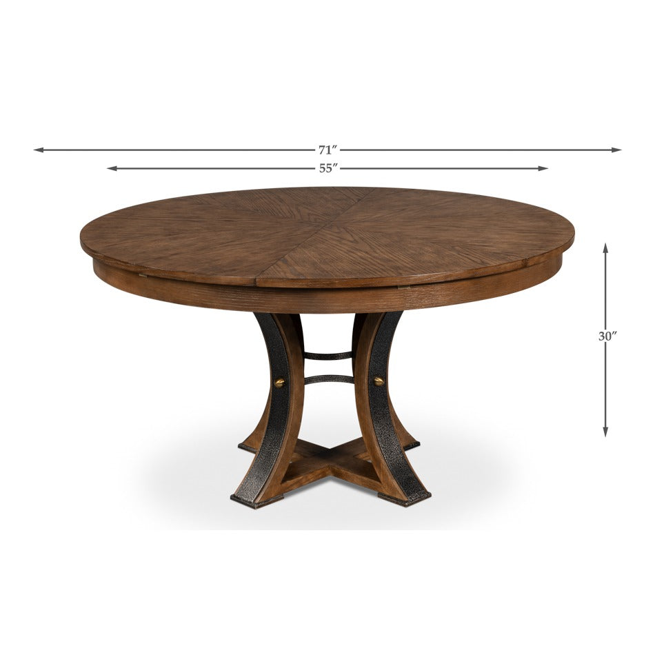 Transitional Round Jupe Dining Table, Medium – Light Brown Oak with Hammered Iron Accents - dimension drawing