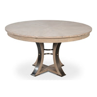 Transitional Round Jupe Dining Table, Medium – Grey Oak with Hammered Iron Accents – styled view