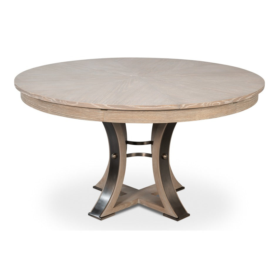 Transitional Round Jupe Dining Table, Medium – Grey Oak with Hammered Iron Accents – styled view