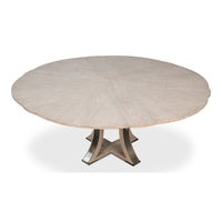 Transitional Round Jupe Dining Table, Medium – Grey Oak with Hammered Iron Accents - additional view