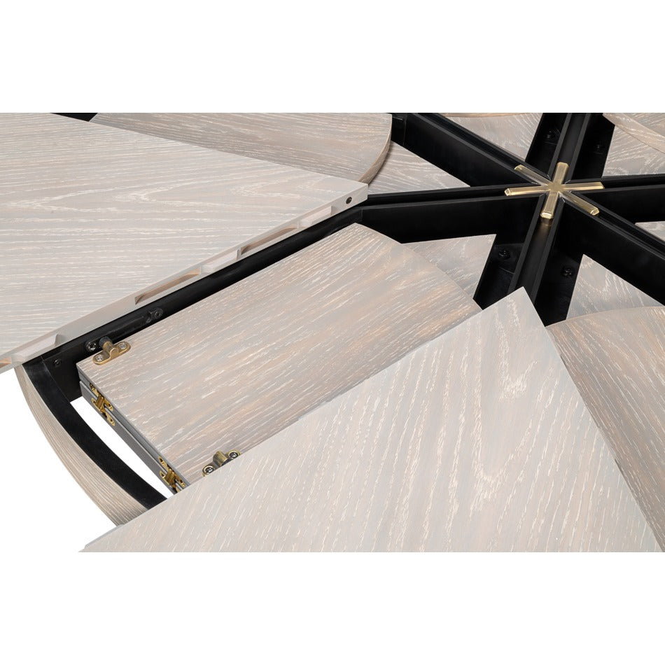 Transitional Round Jupe Dining Table, Medium – Grey Oak with Hammered Iron Accents - additional view