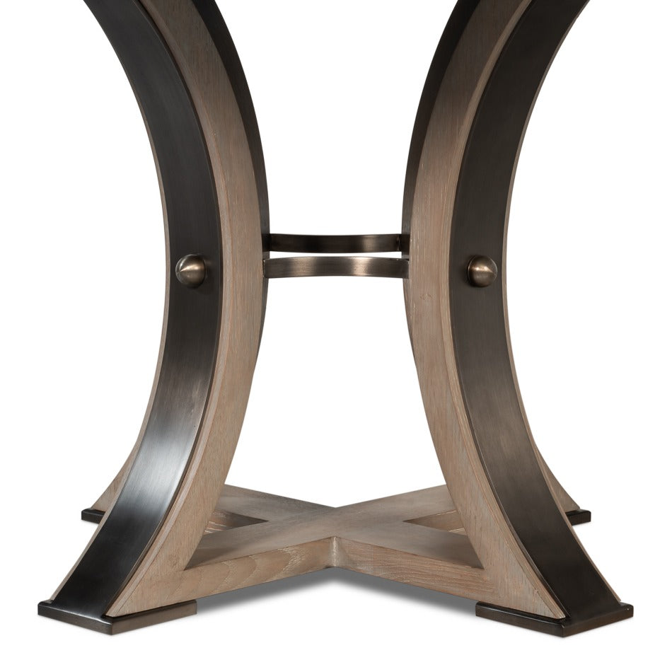 Transitional Round Jupe Dining Table, Medium – Grey Oak with Hammered Iron Accents - additional view