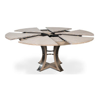 Transitional Round Jupe Dining Table, Medium – Grey Oak with Hammered Iron Accents - additional view