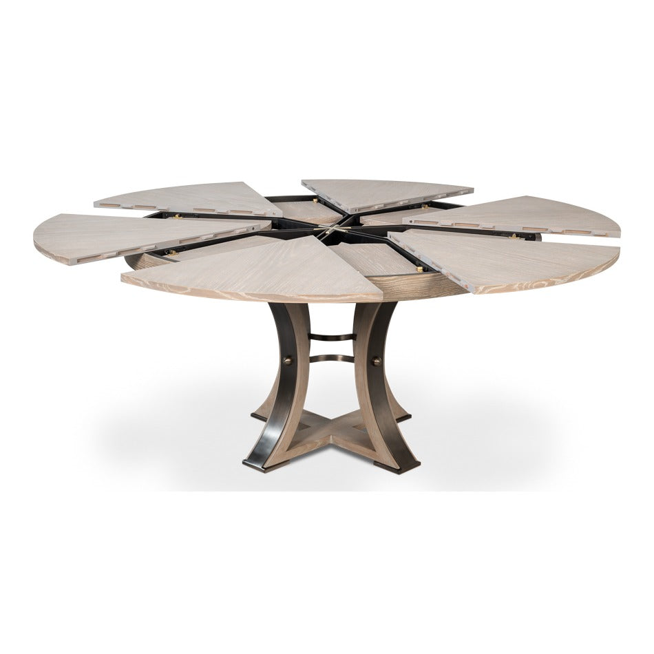 Transitional Round Jupe Dining Table, Medium – Grey Oak with Hammered Iron Accents - additional view