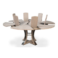 Transitional Round Jupe Dining Table, Medium – Grey Oak with Hammered Iron Accents - additional view