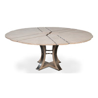Transitional Round Jupe Dining Table, Medium – Grey Oak with Hammered Iron Accents - additional view