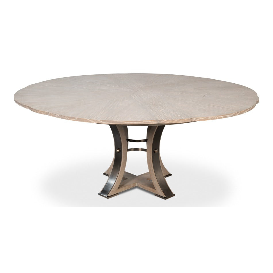 Transitional Round Jupe Dining Table, Medium – Grey Oak with Hammered Iron Accents - additional view