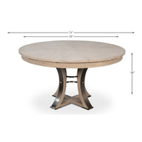 Transitional Round Jupe Dining Table, Medium – Grey Oak with Hammered Iron Accents - dimension drawing