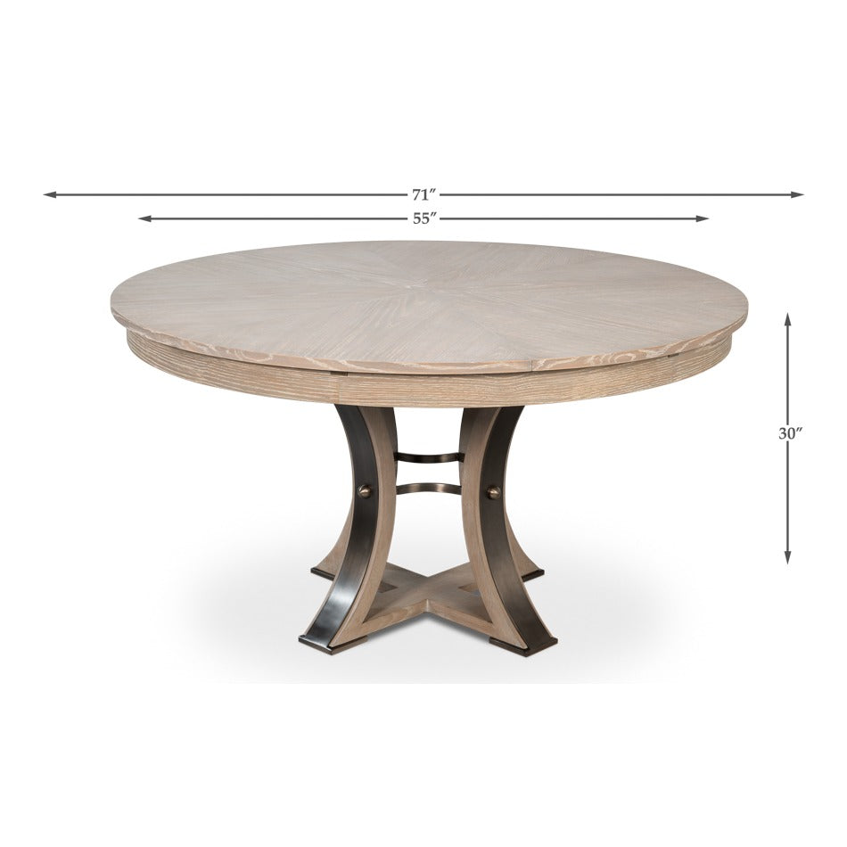 Transitional Round Jupe Dining Table, Medium – Grey Oak with Hammered Iron Accents - dimension drawing