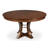 Transitional Round Jupe Dining Table, Medium – Warm Brown Oak with Hammered Iron Accents – styled view