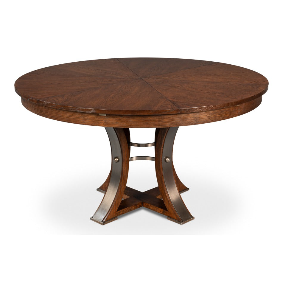 Transitional Round Jupe Dining Table, Medium – Warm Brown Oak with Hammered Iron Accents – styled view