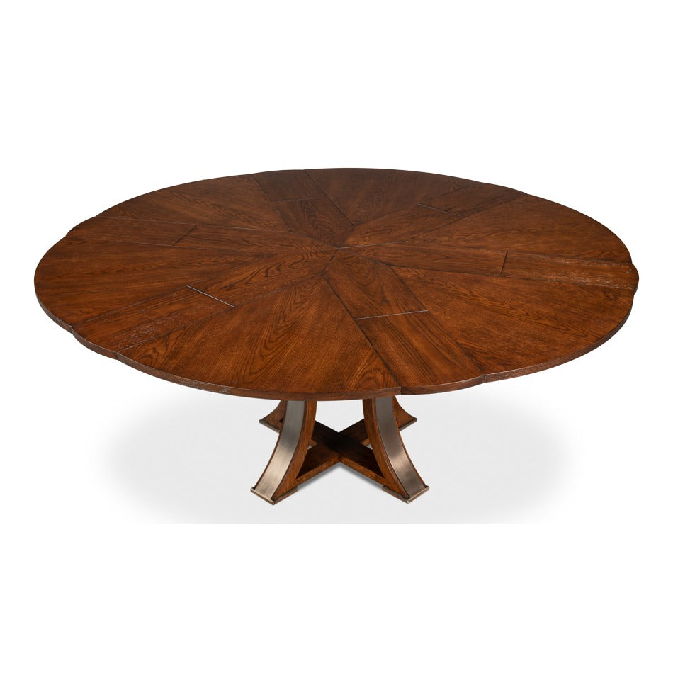 Transitional Round Jupe Dining Table, Medium – Warm Brown Oak with Hammered Iron Accents - additional view