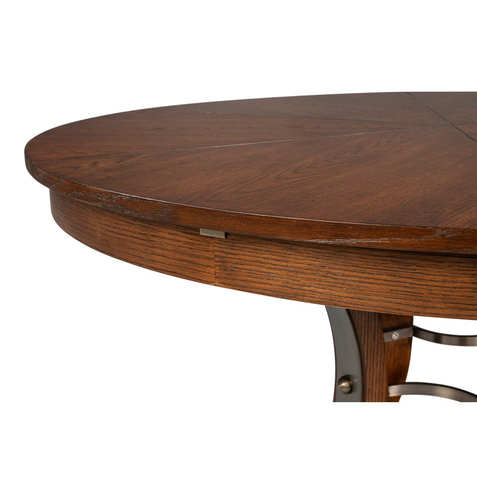 Transitional Round Jupe Dining Table, Medium – Warm Brown Oak with Hammered Iron Accents - additional view