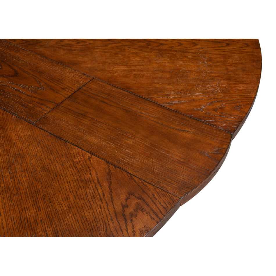 Transitional Round Jupe Dining Table, Medium – Warm Brown Oak with Hammered Iron Accents - additional view